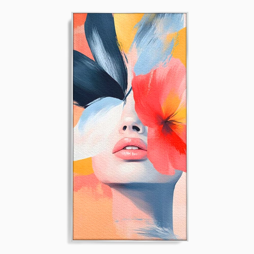 Tablou canvas cu tablou canvas cu fata de femeie si flori pictate, in rama de aluminiu argintiu